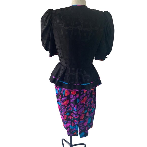 A J Bari Vintage Womens Skirt Suit Jacket Size 12 Black Balloon Sleeve Peplum - Picture 3 of 16